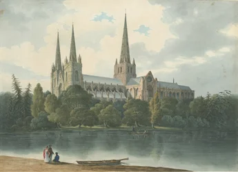 Lichfieldin katedraali - Lounaisnäkymä: akvarellimaalaus, heinäkuu 1824 (maalaus)