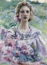 Nainen kukkien kanssa. Robert Reidin (1862-1929) maalaus. Öljy kankaalle. Yksityiskokoelma.
