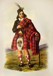 Skotlantilaisen klaanin Fraser-soturi kiltissä - Robert Ronald McIANin litografia teoksesta "The Clans of The Scottish Highlands"" 1845.