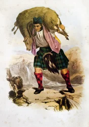 Skotlantilainen klaanisoturi Mac Rae, jolla on lammas harteillaan - Robert Ronald McIANin litografia teoksesta "The Clans of The Scottish Highlands"" 1845.