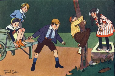 Kissa ahven. Kaiverrus "" Mitä me pelaamme? E. Weberin "" Robert Sallesin (1871-1929) akvarellipiirroksilla. Librairie Garnier Freres, Pariisi