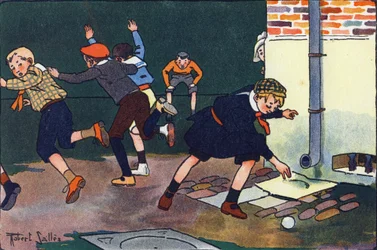 Luoti seinään. Kaiverrus "" Mitä me pelaamme? E. Weberin "" Robert Sallesin (1871-1929) akvarellipiirroksilla. Librairie Garnier Freres, Pariisi