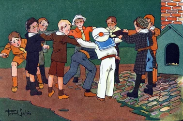 Kissa ja hiiri. Kaiverrus "" Mitä me pelaamme? E. Weberin "" Robert Sallesin (1871-1929) akvarellipiirroksilla. Librairie Garnier Freres, Pariisi