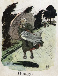 Lastenkirja "" Luen - Isän menetelmällinen ja hauska aakkoset""" 1926. Kuvitus Robert Salles (1871-1929). "" Myrsky"": nainen sateessa suojassa sateenvarjonsa kanssa.