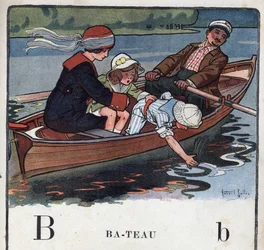 Lastenkirja "" Luen - Isän menetelmällinen ja hauska aakkoset""" 1926. Kuvitus Robert Salles (1871-1929). Abecedaire: kirjain B veneenä. Perhe veneessä lähtee kävelylle.