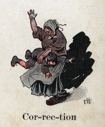 Lastenkirja "" Luen - Isän menetelmällinen ja hauska aakkoset""" 1926. Kuvitus Robert Salles (1871-1929). "Korjaus"". Rangaistus: äiti levittää lastaan rangaistakseen häntä