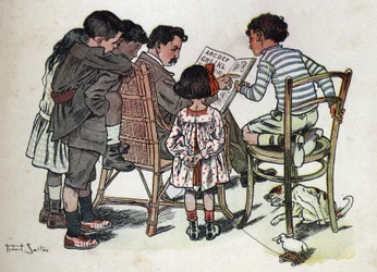 Lastenkirja "" Luen - Isän menetelmällinen ja hauska aakkoset""" 1926. Kuvitus Robert Salles (1871-1929). Perheen isä opettaa lapsia lukemaan.