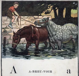 Lastenkirja "" Luen - Isän menetelmällinen ja hauska aakkoset""" 1926. Kuvitus Robert Salles (1871-1929). Abecedary: kirjain A juomavedenä. Kaksi hevosta juo vettä.