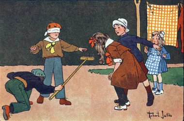 Colin maillard (colin-maillard). Kaiverrus "" Mitä me pelaamme? E. Weberin "" Robert Sallesin (1871-1929) akvarellipiirroksilla. Librairie Garnier Freres, Pariisi