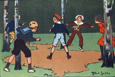 Neljä kulmaa. Kaiverrus "" Mitä me pelaamme? E. Weberin "" Robert Sallesin (1871-1929) akvarellipiirroksilla. Librairie Garnier Freres, Pariisi