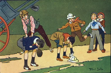 Hyppää lampaita. Kaiverrus "" Mitä me pelaamme? E. Weberin "" Robert Sallesin (1871-1929) akvarellipiirroksilla. Librairie Garnier Freres, Pariisi