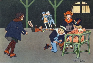 Rullaluistelu. Kaiverrus "" Mitä me pelaamme? E. Weberin "" Robert Sallesin (1871-1929) akvarellipiirroksilla. Librairie Garnier Freres, Pariisi