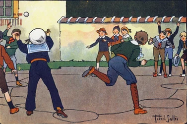 Pallo leirillä (tai vankipallo tai metsästäjäpallo). Kaiverrus "" Mitä me pelaamme? E. Weberin "" Robert Sallesin (1871-1929) akvarellipiirroksilla. Librairie Garnier Freres, Pariisi