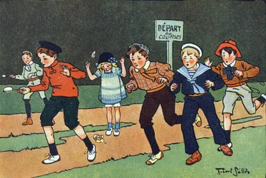 Munakilpailu. Kaiverrus "" Mitä me pelaamme? E. Weberin "" Robert Sallesin (1871-1929) akvarellipiirroksilla. Librairie Garnier Freres, Pariisi