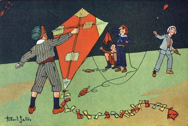 Lentävä leija. Kaiverrus "" Mitä me pelaamme? E. Weberin "" Robert Sallesin (1871-1929) akvarellipiirroksilla. Librairie Garnier Freres, Pariisi