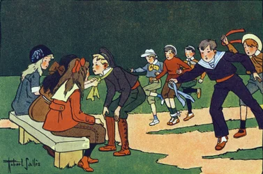 Gymkhana (kurssi koekierroksella erotuomareiden kanssa). Kaiverrus "" Mitä me pelaamme? E. Weberin "" Robert Sallesin (1871-1929) akvarellipiirroksilla. Librairie Garnier Freres, Pariisi