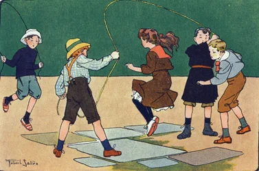 Hypyssä on köysi. Kaiverrus "" Mitä me pelaamme? E. Weberin "" Robert Sallesin (1871-1929) akvarellipiirroksilla. Librairie Garnier Freres, Pariisi