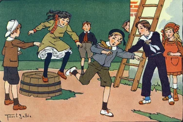 Äiti hilloilla. Kaiverrus "" Mitä me pelaamme? E. Weberin "" Robert Sallesin (1871-1929) akvarellipiirroksilla. Librairie Garnier Freres, Pariisi