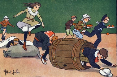 Estekilpailu. Kaiverrus "" Mitä me pelaamme? E. Weberin "" Robert Sallesin (1871-1929) akvarellipiirroksilla. Librairie Garnier Freres, Pariisi