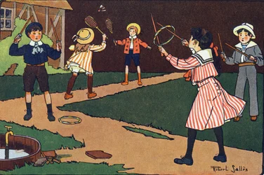 Ratti ja armot. Kaiverrus "" Mitä me pelaamme? E. Weberin "" Robert Sallesin (1871-1929) akvarellipiirroksilla. Librairie Garnier Freres, Pariisi