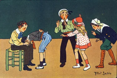 Lämmin käsi. Kaiverrus "" Mitä me pelaamme? E. Weberin "" Robert Sallesin (1871-1929) akvarellipiirroksilla. Librairie Garnier Freres, Pariisi