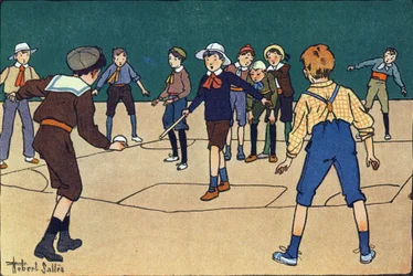 Theque (joukkuepeli pallolla ja mailalla). Kaiverrus "" Mitä me pelaamme? E. Weberin "" Robert Sallesin (1871-1929) akvarellipiirroksilla. Librairie Garnier Freres, Pariisi