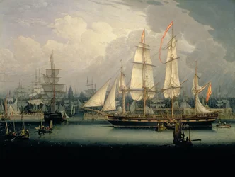Nelimastoinen klipperialus Liverpoolin satamassa, noin 1810