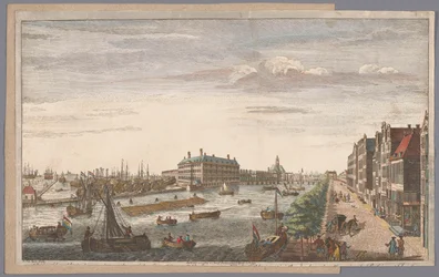 Gezicht op het Admiraliteitsmagazijn te Amsterdam Näkymä Amsterdamin amiraliteetista, siihen kuuluvista kauppataloista, laitureista ja telakoista sekä East India Company of Hollandista (otsikko esineessä)