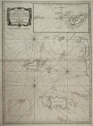 Guernseyn ja Jerseyn, Sarkin, Hemin, Jethoun ja Alderneyn saarten yleiskartta sekä Cape la Haagin ja Casketsin saaret.