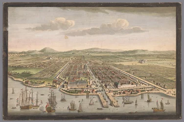 Gezicht op de stad Batavia Batavian kaupunki Jaavan saarella ja kaikkien hollantilaisten tehtaiden ja siirtokuntien pääkaupunki Itä-Intiassa (otsikko esineessä) Nederzettingen van de VOC (sarjan nimi)