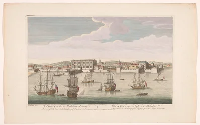 Näkymä Bombayn kaupunkiin Bombay Malabarin rannikolla, joka kuuluu East India Company of Englandille (otsikko esineessä) VOC-ratkaisut (sarjan nimi)