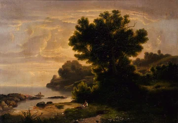 Maisema perheen kanssa järven rannalla, 1858.