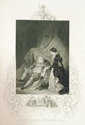Henrik VIII ja Katariina Parr William Shakespearen (1564-1616) näytelmässä Henrik VIII eli "Kaikki on totta", kaiverrettu J. Rogersin toimesta.