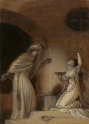 Kuvitus itämaiseen romanssiin, mahdollisesti "The Arabian Nights", jossa polvistuva naishahmo oikealla)