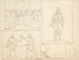Neljä luonnosta, 1824 (kynä ja ruskea muste kiillotetulla paperilla)