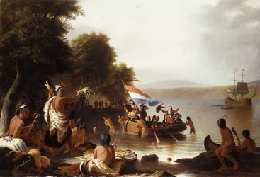 Henry Hudsonin maihinnousu, 1608 Verplanck Pointissa, lähellä Peekskilliä New Yorkissa,