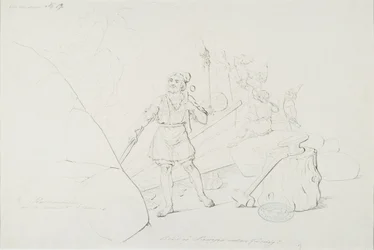 Ilmarinen takoo sampoa ; Originaalipiirustus piirrossarjaan "Kalevala, Suomen kansallisruno, piirroksin esitetty R.W.Ekman"