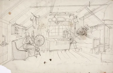 Interiööri, jossa kolme henkilöä: yksi sängyssä kahvia juomassa, yksi pöydän äärella puuroa syömässä ja yksi rukin luona.