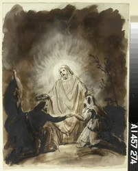 Kristus siunaamassa kahta polvistunutta henkilöä