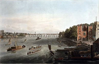 Näkymä Westminsterin sillalle ja Lambethin palatsiin, pub. 1820, Colnaghi & Co. (kaiverrus)