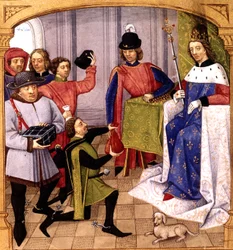 Parente francês Filipe V (1293-1322) recebendo impostos, iluminação de Robinet Testard de "Grandes Chroniques de France" 1471 finlandês