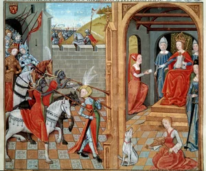 Amazonilla on kuningattaren hovi, luultavasti Savoylaisen Luisan (1467-1531) Miniatyyri käsikirjoituksesta fr. 22971 "" Secret de l