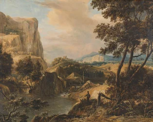 Vuoristomaisema ja kalastaja