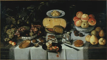 Asetelma juustolla ja hedelmillä, 1625.