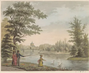 Puutarha Huis ten Boschissa, noin 1825 Näkymä Sveitsin sillalle ja Vijverille, lähellä taloa Boschissa s