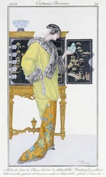 Kiinalainen silkkimekko, vuorattu chinchillalla, samettitakki - lehdessä "Journal des dames et de la mode: Costumes Parisiens", n¡32