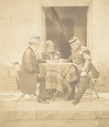 Sotaneuvosto Mamelonin sieppauksen aamuna. Lordi Raglan, Omar Pasha, M..., 1855.