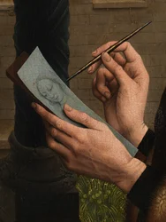 Detalhe de São Lucas Desenhando o Retrato da Virgem (óleo sobre painel) finlandês