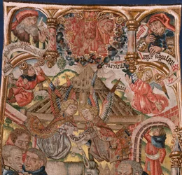Flanderin kuvakudos. Triptyykki Kristuksen syntymästä (Tríptico del Nacimiento de Jesús). Rogier van der Weydenin piirin sarjakuvapiirtäjän mallit. Valmistus Etelä-Alankomaat. Noin 1492. Kangas Kulta, hopea, silkki ja villa.
