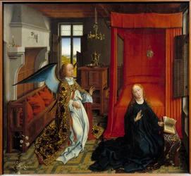 Ilmoitus. Roger (Rogier) Van Der Weydenin (1400-1464) työpajan maalaus Ec. Flam.